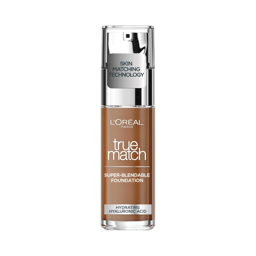 L'Oreal Paris True Match Liquid Foundation, Skincare Infused with Hyaluronic Acid, SPF 17, Available in 40 Shades, 8.5C Pecan, 30 ml