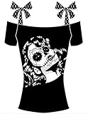 FISACE Women's Bowknot Skull Print Cold Shoulder T Shirt Short Sleeve Tops Plus Size