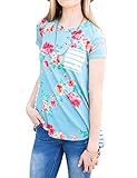 MEROKEETY Women's Floral Print Striped Tee Crew Neck Shirt Short Sleeve Tops With Pocket
