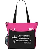 Philippians 4:13 I Can Do All Things Through Christ Tote Bag Christian Cross Bible Cover Verse Church Office School Travel Gym Book Organizer - Pink Black