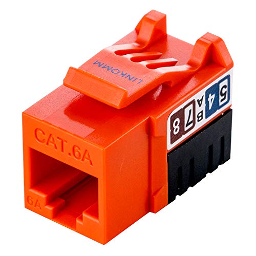 LINKOMM (25 Pack) RJ45 Cat6A Slim Profile Keystone Jack with Punch Down Palm Holder, Orange