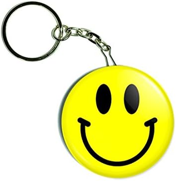 Yellow smiley face 1.75 inch (44 mm) button keychain.