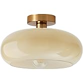 Qufute Brass Flush Mount Ceiling Light Mid Century Modern Ceiling Light fixtures Brushed Gold Milk Yellow Glass Semi Flush Mo