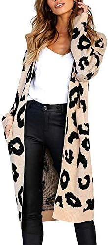 Kemilove Women Long Sleeve Open Front Leopard Knit Long Cardigan Casual Print Knitted Maxi Sweater Coat Outwear Pockets