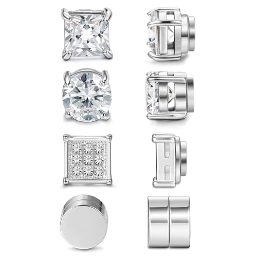 Jstyle 4 Pairs Stainless Steel Magnetic Stud Earrings for Men Women Silver Tone CZ Non-Piercing Clip On Stud Earrings Set 6-8MM