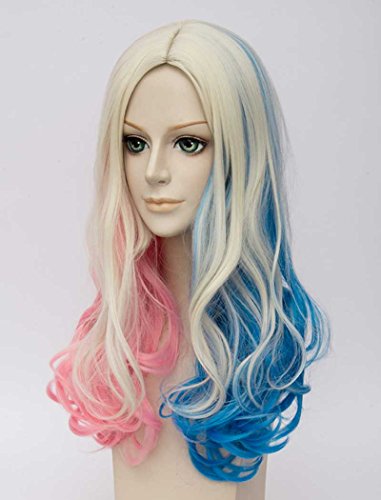 Tsnomore Pink and Blue Mixed Long Curly Suicide Squad Harley Quinn Cosplay Wig with Ponytails (layered curly)
