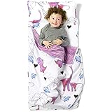 JumpOff Jo â€“ Toddler Nap Mat â€“ Childrenâ€™s Sleeping Bag with Removable Pillow for Preschool, Daycare, and Sleepovers â€“ Original Design: â€Pink Dinoâ€ - 43 x 21inches