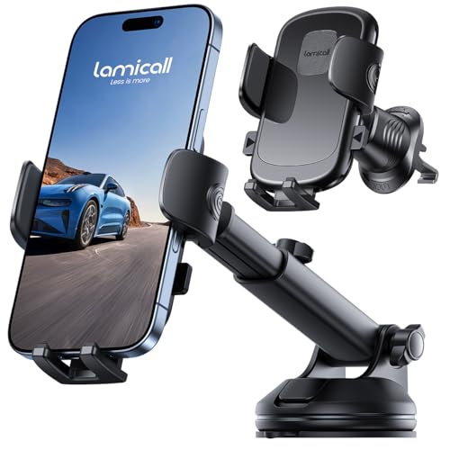 Lamicall Phone Mount for Car [3-in-1 Military-Grade Suction Cup] 360° Rotation Phone Holders for Your Car [Metal Hook] Cell Phone Car Mount Dashboard Vent Windshield All Smartphone LeatherGrain
