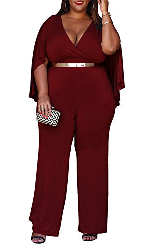 Women Solid V Neck Short Sleeve Plus Size Long Pant Caped Jumpsuit(L-3XL)