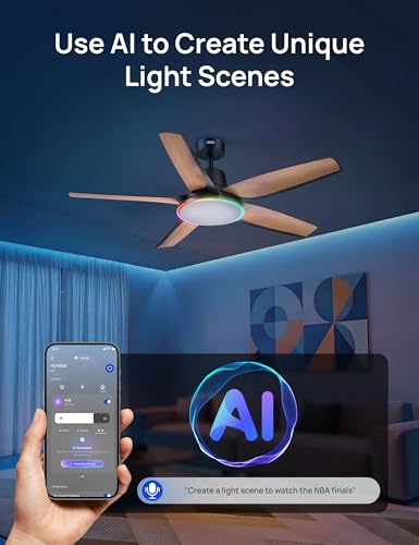 DREO Smart Ceiling Fans with Lights, Low Profile Ceiling Fan with Alexa/App, 52'' Dimmable Lighting & Color Tuning, RGB Ambient Light for Living Room, Game Room, Easy Installation, Quiet, Black