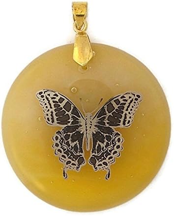 Golden Butterfly Round OOAK Fused Glass Pendant Necklace