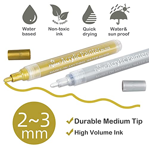 VHEONET Acrylic Paint Pens, 6 Pack (3 Gold 3 Silver) 3mm Permanent Painting Markers DIY Craft for Rock Ceramic Glass Wood Plastic Canvas Fabric Mug, Quick Dry, High Volume Ink