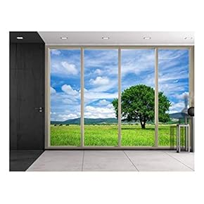 Wall26 - Clouds Over Mountains and a Lone Tree on a Green Field Viewed from Sliding Door - Creative Wall Mural, Peel and Stick Wallpaper, Home Decor - 66x96 inches