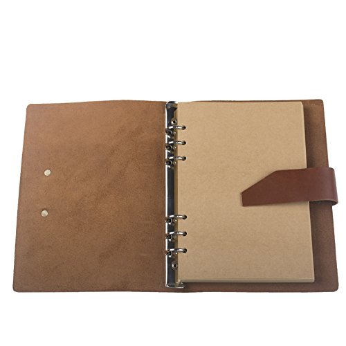 Ancicraft Leather Journal Diary Notebook A5 Refillable with Simple Strap 6-ring Binder Lined Craft Paper (Red brown simple strap A5)
