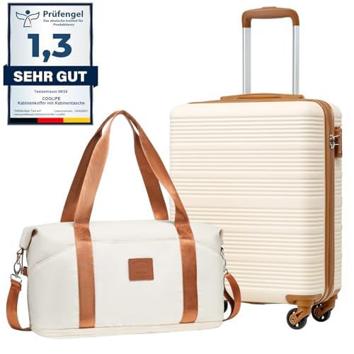 Valise Cabine 55x40x20 pour Easyjet, Sacs de Voyage 45x36x20cm pour Courts Séjours et Voyages d'affaires, Coque Rigide en ABS avec Serrure TSA, 4 Roues Pivotantes à 360° (Blanc/Marron)