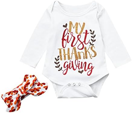 Feteso Thanksgiving Outfit Newborn Baby Boy Girl Letter Print Romper + Headband Playsuit Bodysuit Top Outfit Set 2Pcs