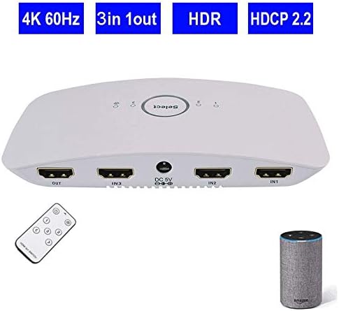 GuanChi WiFi Smart 4K 3x1 HDR HDMI Voice Switcher Supports Ultra HD 3D Remote Control Power Adapter Amazon Echo Compatible Alexa, Wireless Cellphone APP Remote