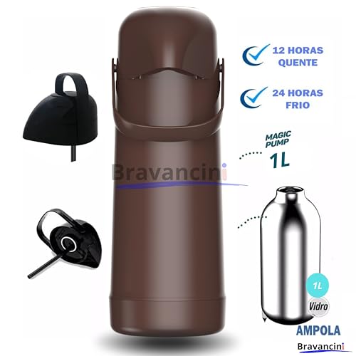Garrafa Térmica Pump Marrom 1L Café Bomba Pressão 12h Quentes 24h Frio Água Chá Casa Mágic Escritório Consultorio