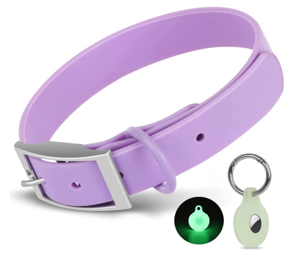 Cosyhome Adjustable Dog Collar with Airtag Holder: Durable Dog Collars, Soft Rubber Coated Webbing, Waterproof and Easy to Clean (M, Wisteria)