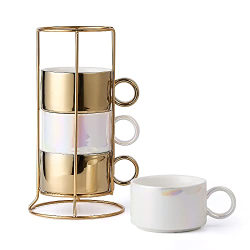 LUKA Porcelain Espresso Cup with Metal Stand, 6 Ounce Stackable Ceramic ...