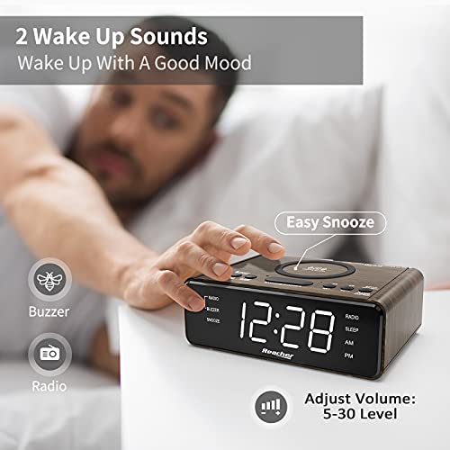 REACHER Alarm Clock Radio with Wireless Charging & USB Charger, Large