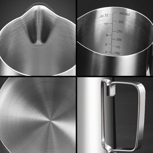 MXHIGO Jarra para Espumar Leche con Línea de Escala Interior y Latte Pen, 350ml/12oz Taza Jarra de Vapor Exprés de Acero Inoxidable, Perfecta para Cafetera Espresso, Barista, Latte, Capuchino, Café