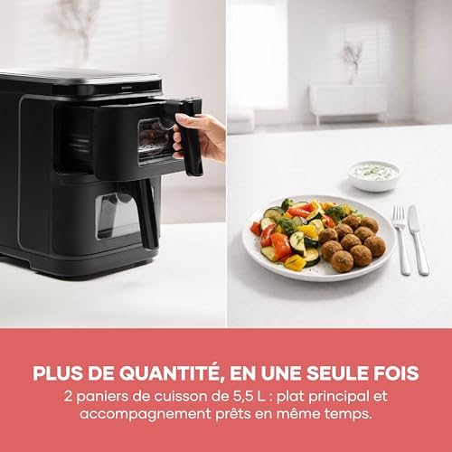 Friteuse à air chaud S-Fry Duo Stack, Air fryer 9 programmes, Friteuse sans huile avec 2 paniers empilés de 5,5 L chacun sans PFAS, Multicuiseur à écran tactile, Noir, FR 9598