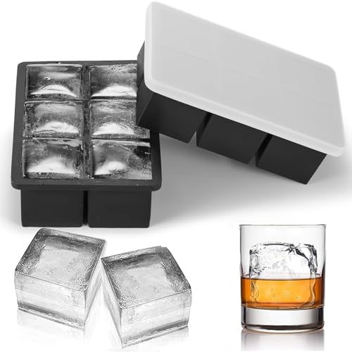 Large Ice Cube Tray with Lid for Whiskey Big Square Ice Cube Maker for Cocktail - 2Pack Silicone Old Fashioned Ice Cube Trays - Huge Cubed Ice Trays for Whisky