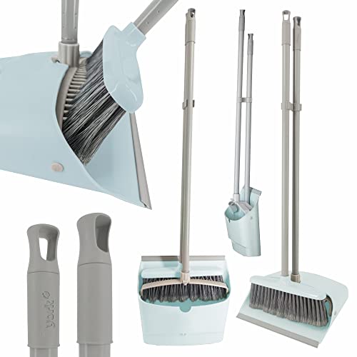 YORK Long Handle Broom and Dustpan Set with Comb Teeth for Floor Cleaning Ergonomic Sweeping Set Foldable Indoor Outdoor Floor Cleaning Kit Mint Green
