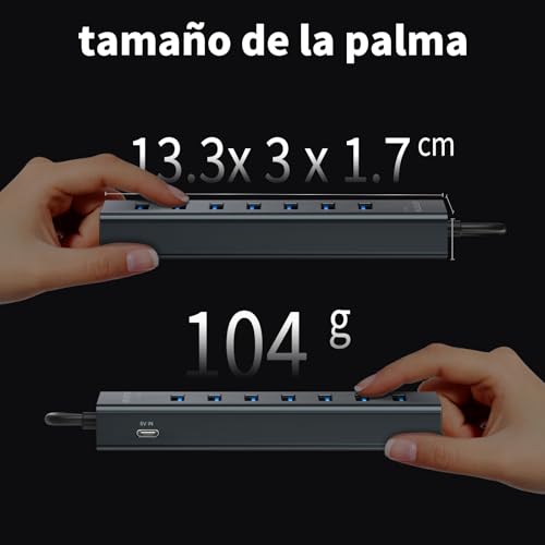 7 Ports USB 3.0 Hub with 180cm Cable for PC Computer, Aluminum USB Hub Multiport Adapter with USB 3.0 5Gbps, 5V 3A USB-C Powered for PC, Laptop, MacBook, Mouse, U-Disk, Keyboard
