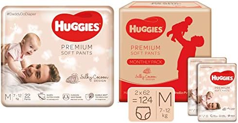 Huggies Premium Soft Pants, Medium size diaper pants, 22 Count & Huggies Premium Soft Pants Monthly pack, Medium size diaper pants, 124 Count