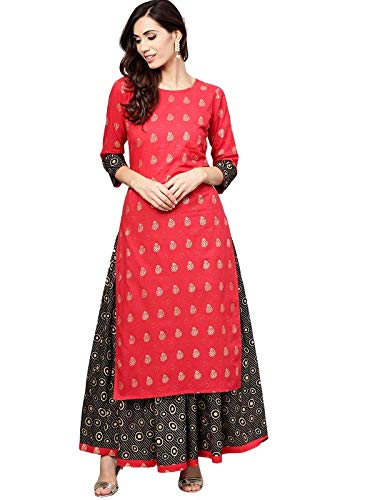 Women's Viscose Printed Straight Kurta With Skirt Set (Red & Black)