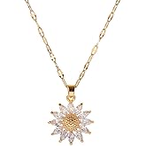 AMOBESTER Cubic Zirconia Sunflower Necklace Gold Plated Stainless Steel Sunshine Flower Pendant Chain, Dainty Elegant Jewelry Gift for Women
