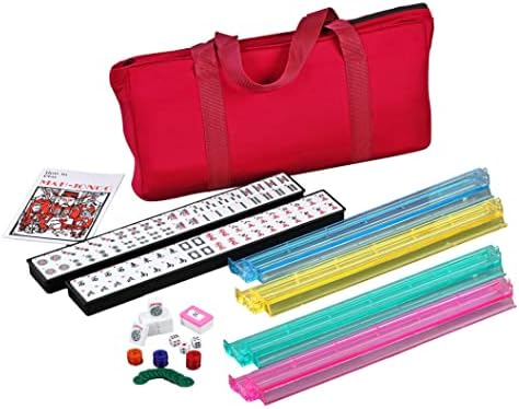 Mah Jong Americano Con Estantes Juego Completo De Mahjong Americano - 166 Fichas, 4 Colores, Incluye Estantes/Empujadores Y Bolsa De Transporte Mahjong Con Estantes Y Bolsa Roja