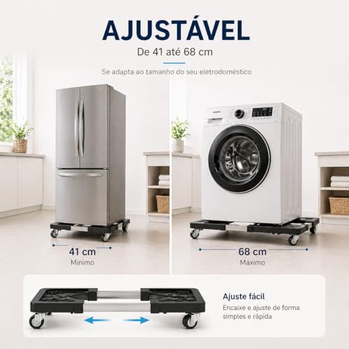 Suporte Movel Ajustavel com Rodinhas para Eletrodomesticos ate 138kg Base Multiuso para Geladeira Fogao Maquina de Lavar Estrutura Reforcada 41 a 68cm