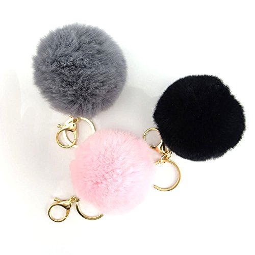 Honbay 3 Pieces 5 inch Gold Plated Keychain Cute Genuine Rabbit Fur Ball Keychain for Car Key Ring Handbag Tote Bag Pendant Charm