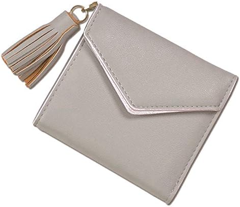 QAMACHAN Short Tassel Women Soft PU Leather Wallet Mini Tri-Fold Change Purse Grey
