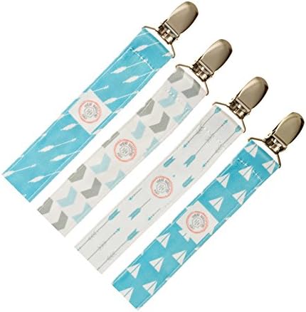 Universal Pacifier Clip Boy by Three Blessings Baby | Clip on Pacifier 4 Pack | 3 Unique 2-Sided Designs | Non-Toxic, No Lead, No BPA Soothie Pacifier Holder | Binky Clip Boy (Blue)