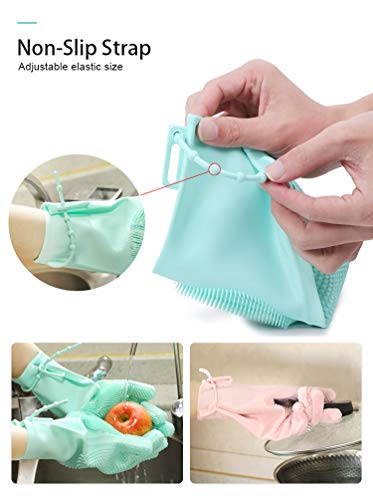 Dishwashing Gloves with Non-Slip Strap,Epartswide Magic Silicone Dishwashing Scrubber,1 Pair Versatile Reusable Silicone Gloves for Kitchen Cleaning/Pet Care/Washing The Car/Bathroom Bathing (Cyan)