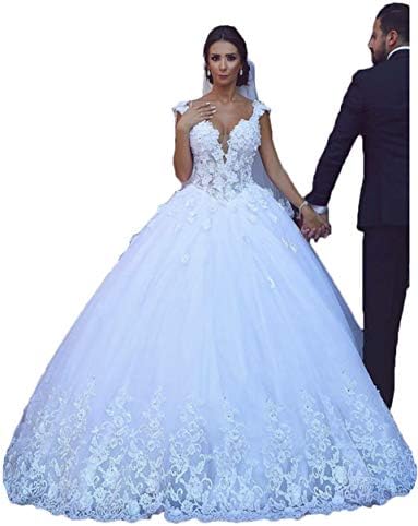 Women's Fantastic Tulle V-Neck Wedding Dresses Ball Gown Beaded Wedding Dresses for Bride 2019 with Lace Appliques