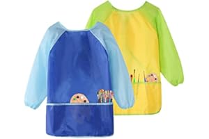 GODR7OY Kids Art Smocks, Painting Apron Artist Smock with Sleeve and 3 Pockets 2 Pack Black/White Set