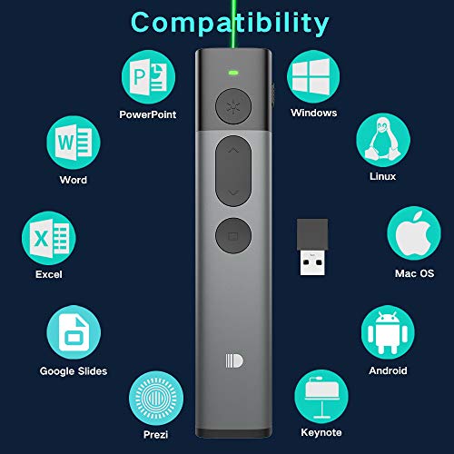 iThrough Wireless Presenter Green Light, Presentation Remote Clicker Rechargeable, Metal Powerpoint Clicker PPT PowerPoint Clicker Remote Hyperlink Volume Control USB Slide Advancer 2.4GHz
