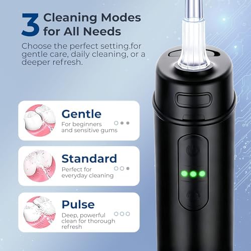 Tragbare Munddusche, kabelloses Mundduschegerät für Reisen, 3 Druckstufen, 6 Aufsätze, IPX8 Teleskop-Wassertank, USB-C wiederaufladbare Taschen-Munddusche, QR-7112 (Schwarz)