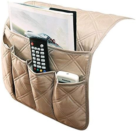 IPENNY Anti-Slip Couch Sofa Armrest Organiser Chair Bedside Storage Pocket TV Remote Holder Bed Storage Pocket Bag for Cellphone Notepad Book Magazines Holder Pouch (#E2-Beige (5 Pockets))