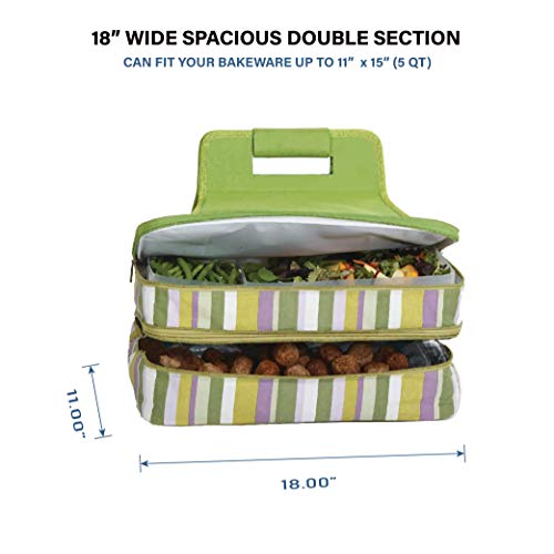 Picnic Plus 18" Casserole Carrier 2 Level Thermal Insulated Hot and Cold Food Carrier Double Layer Food Carrier Bag Potluck Carrier With Bonus Containers (Lime Rickey)