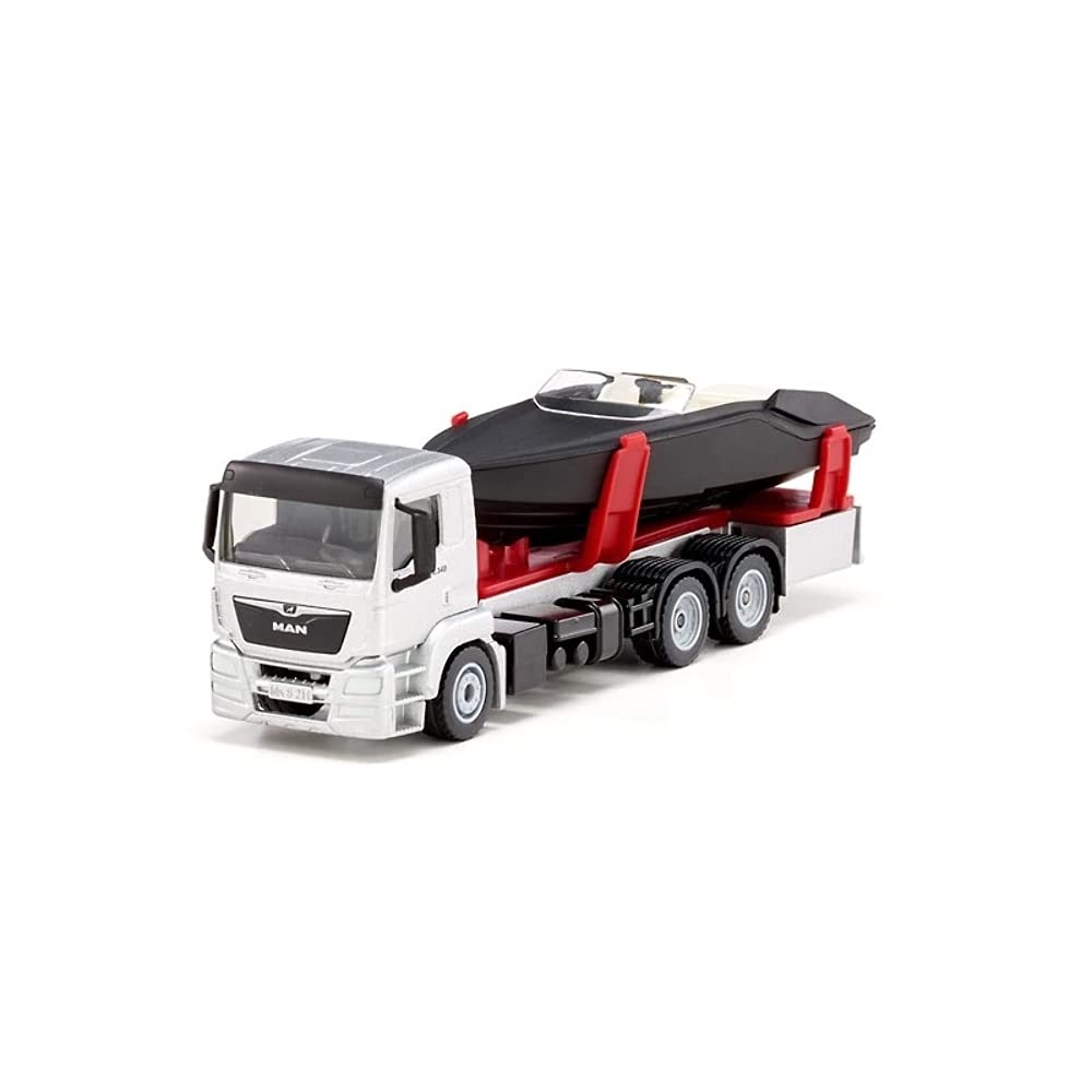 siku 2715, Lorry with Motorboat, 1:50, Metal,Plastic, Silver,Black, Floating toy boat