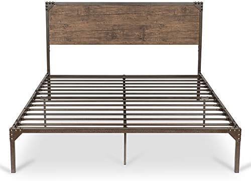 Full Size Metal Bed Frame/Platform Bed with Wood Headboard/Box Spring Optional/Easy Assembly