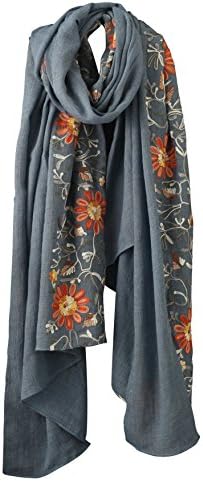 Welltogther Womens National Style Lightweight Neck Scarves Flower Wrap Shawl (Denim Blue)