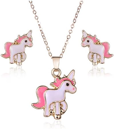 Gudukt Unicorn Necklace Pink Cute Animal Necklace and Earrings Jewelry Set For Girls
