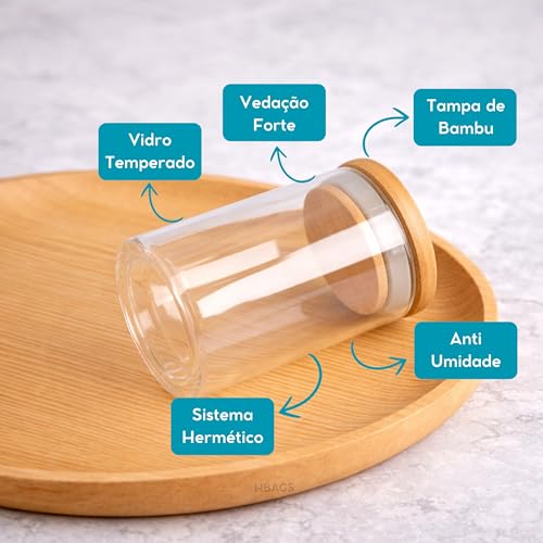 Kit 08 Potes Herméticos de Mantimentos 200ml Pote Redondo de Vidro com Tampa De Bambu Premium